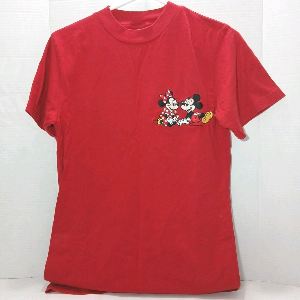 Vintage Mickey & Minnie Mouse Embroidered T Shirt Small Red 1990s